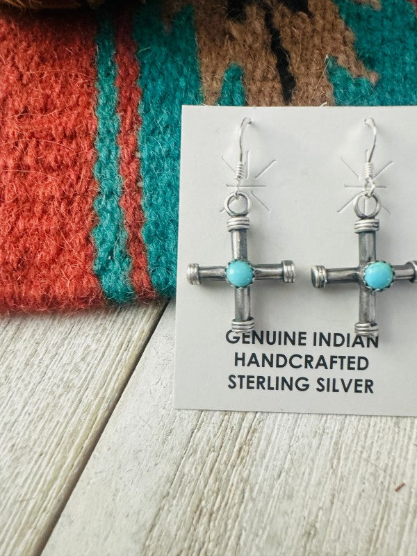 Navajo Sterling Silver & Turquoise Cross Dangle Ea