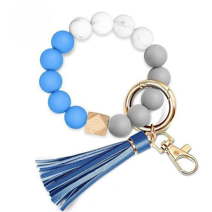 PU Tassel Keychain Bag charm Silicone Beaded Keychain Wristlet Key Ring Bracelet Cute Car Key Chain Holder for Women Girls
