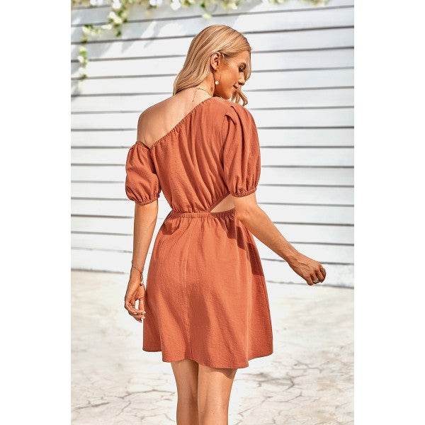 One Shoulder Puff Sleeve Fit Flare Short Dress