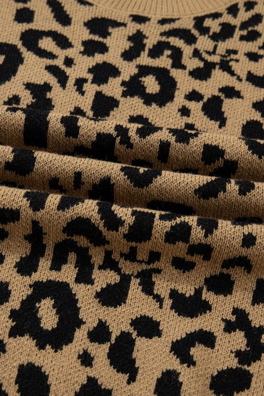 Leopard Ribbed Trim Crewneck Drop Shoulder Sweater