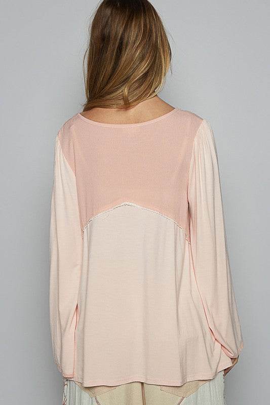 POL Contrast Button Front Long Sleeve Knit Top