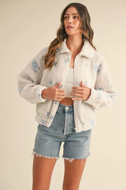 MABLE Floral Embroidered Fleece Teddy Jacket