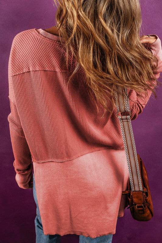 Giselle Exposed Seam Slit Neck Waffle Knit Patchwo