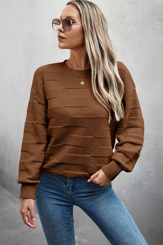 Solid Round Neck Knit Loose Long Sleeves Sweater