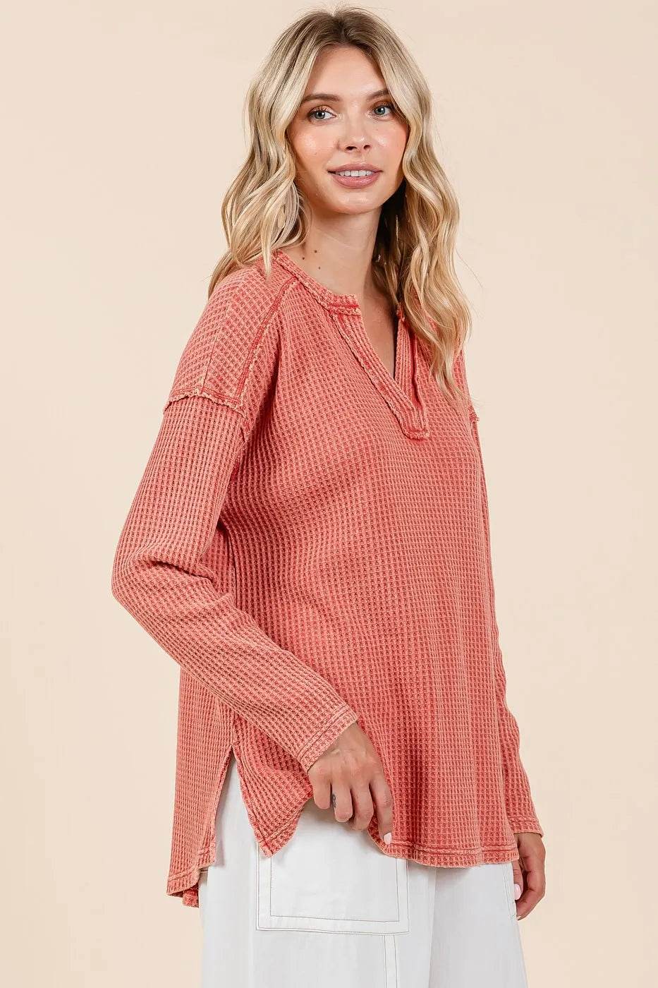 Mittoshop Mineral Wash Waffle Knit V-Neck Long Sleeve Top