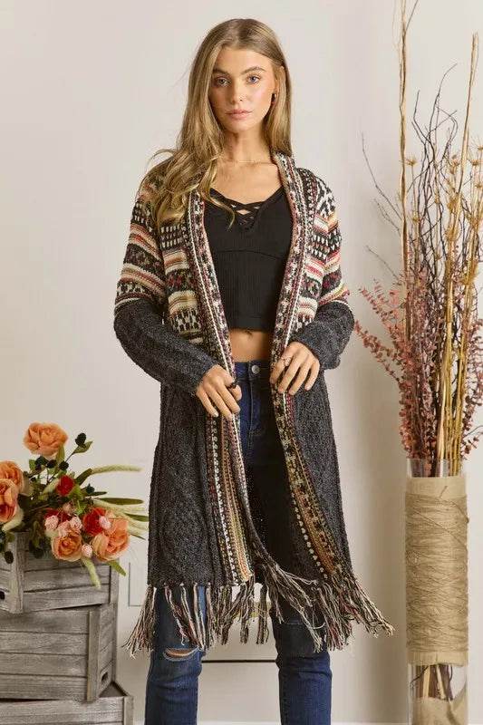 ADORA Full Size Fringe Hem Aztec Cardigan Plus Size