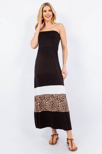 Celeste Full Size Leopard Color Block Tube Maxi Dress Plus Size