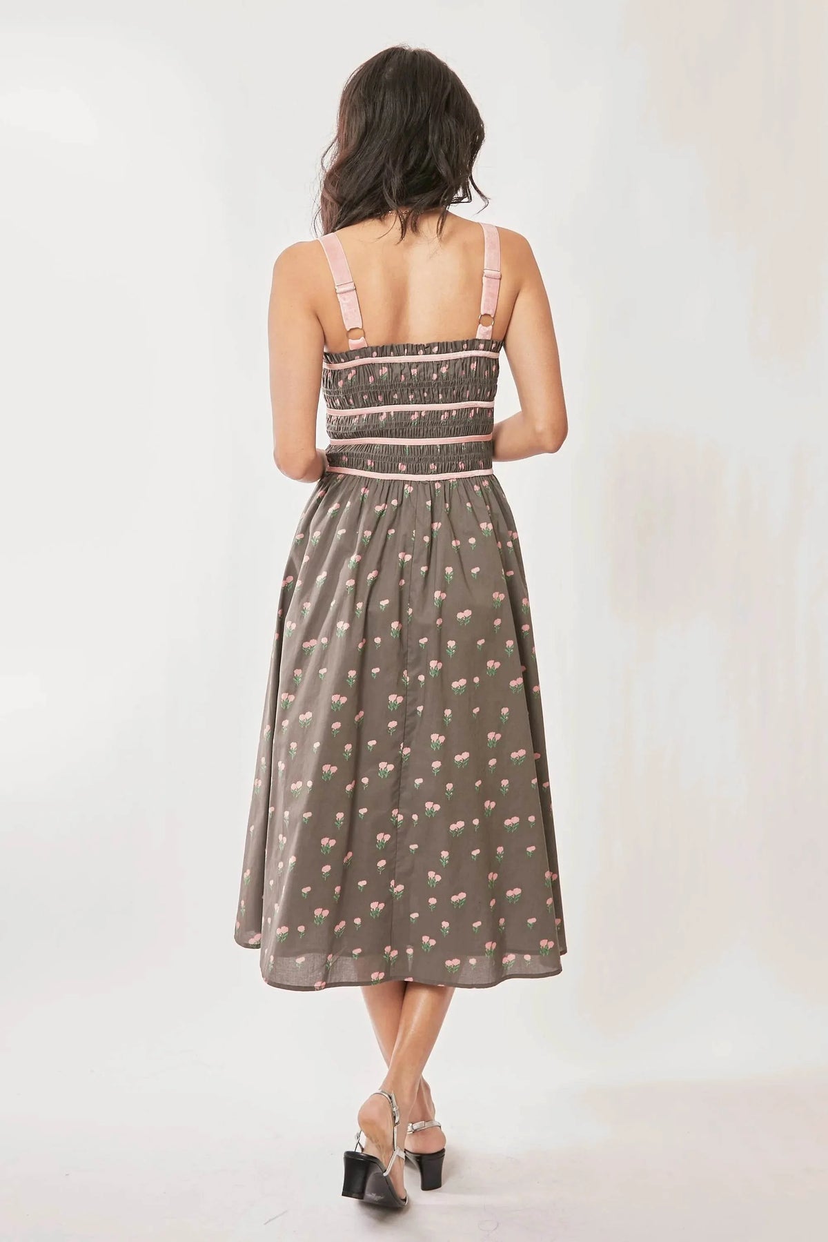 Davi & Dani Contrast Velvet Tape Smocking Bodice Midi Dress