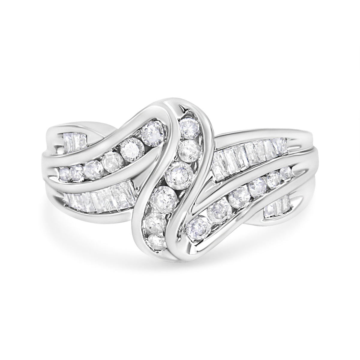 10K White Gold Ring 3/4 Cttw Round and Baguette-Cut Diamond Bypass Ring (H-I Color, I2-I3 Clarity) - Size 6