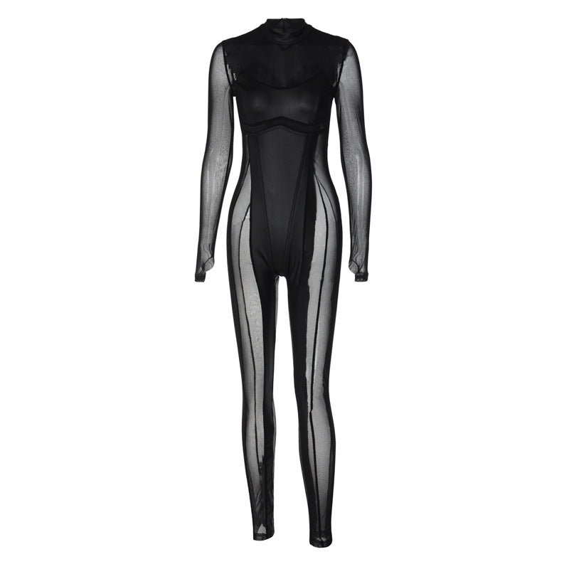 Women Clothing Autumn Stitching Mesh round Neck Back Long Sleeve Zipper Jumpsuit