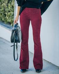 Autumn Winter Women Clothing Solid Color High Waist Slim Fit Micro Flared Pants Corduroy Elastic Waist Casual Pants