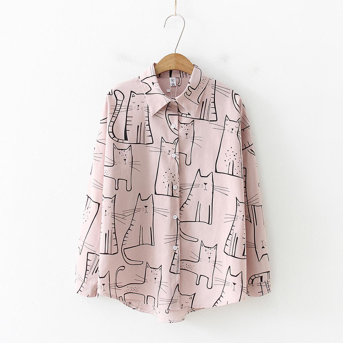 Retro Hong Kong Chic Cat Pattern Early Autumn Blouse Women Long Sleeve Loose Korean Student All Matching Printed Shirt