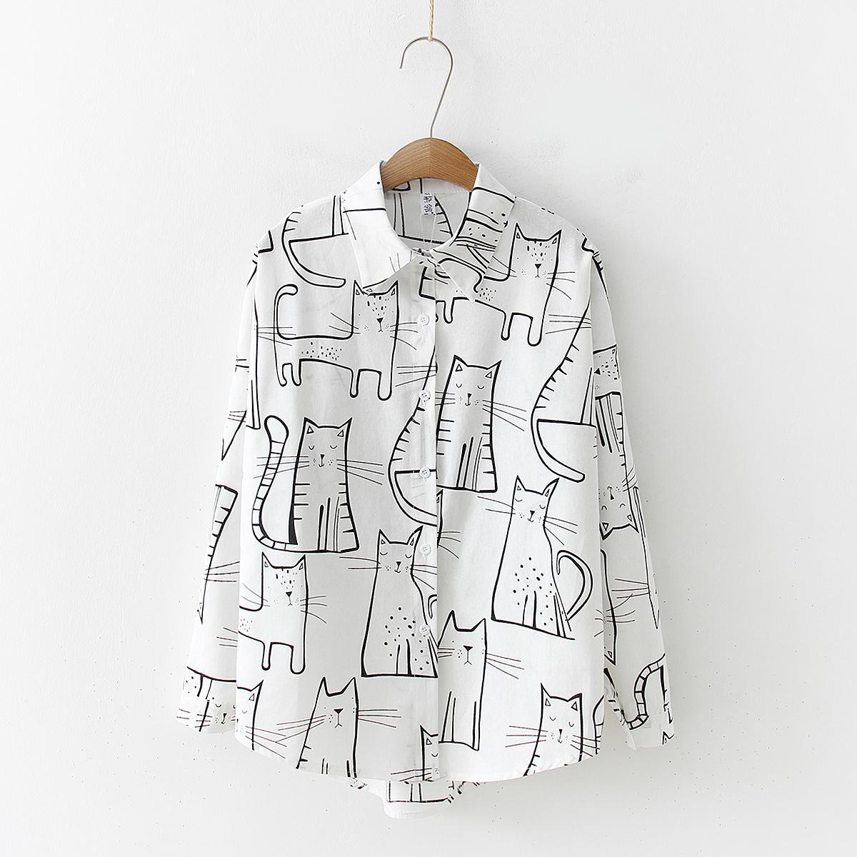 Retro Hong Kong Chic Cat Pattern Early Autumn Blouse Women Long Sleeve Loose Korean Student All Matching Printed Shirt