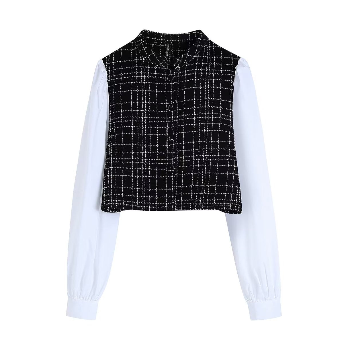 Fall Women Clothing Street All Match Plaid Texture Black White Long Sleeve Stitching Shirt