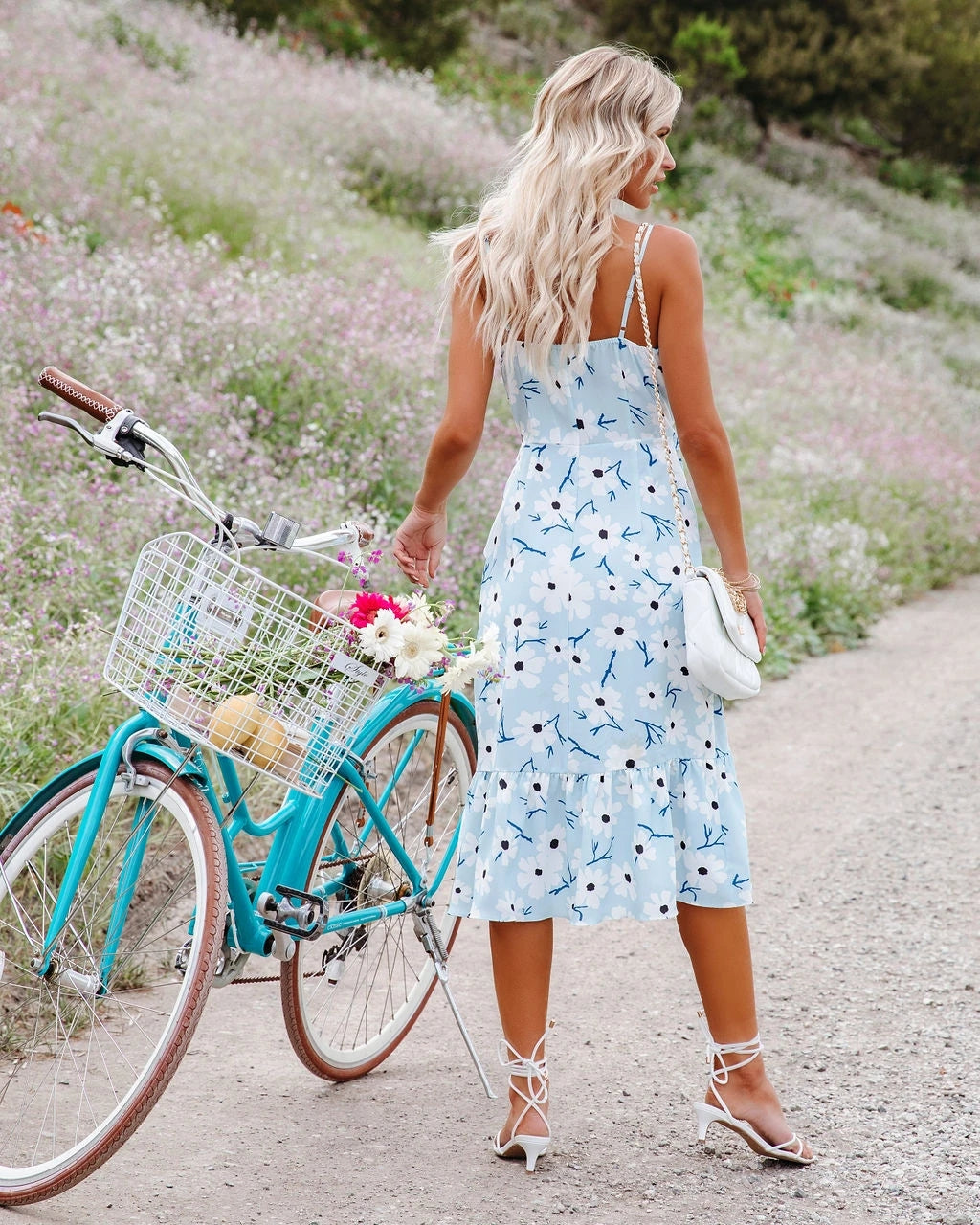 Women Summer Vacation New Printed Strap V Neck Flounce Dress