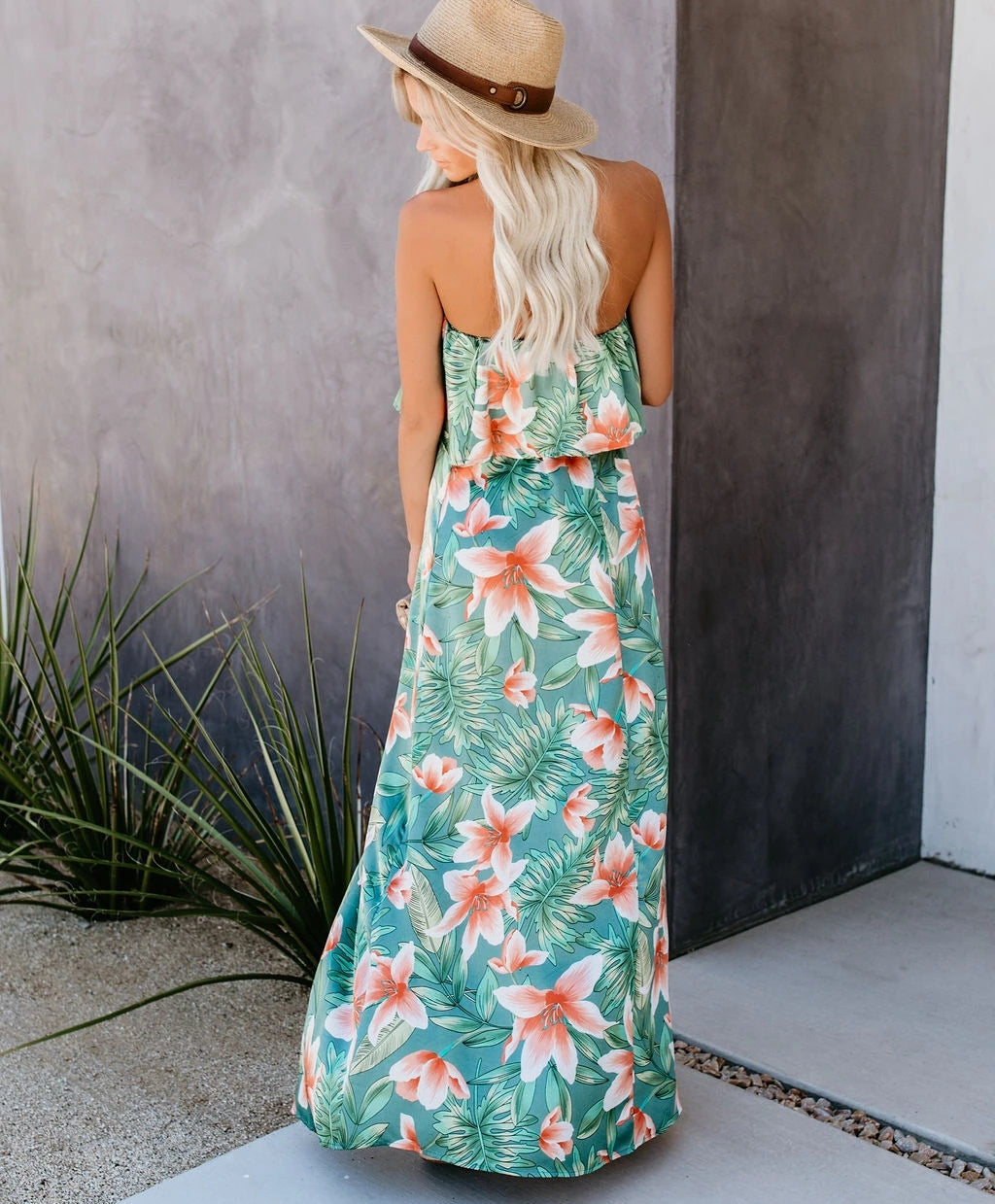 Women Summer Vacation New Tropical Rain Forest Print Shoulder Ruffled Split Dress