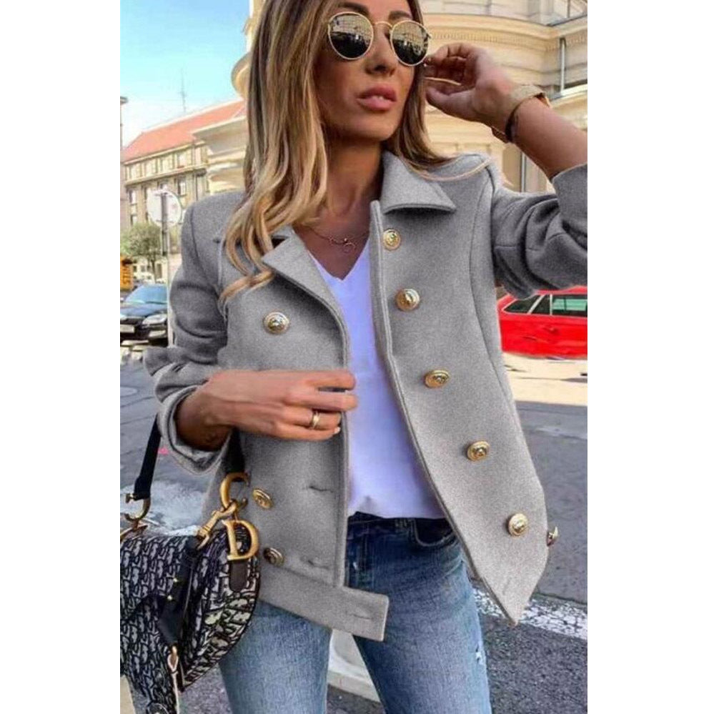 Fall Winter Slim Long Sleeve Double Breasted Collar Woolen Jacket