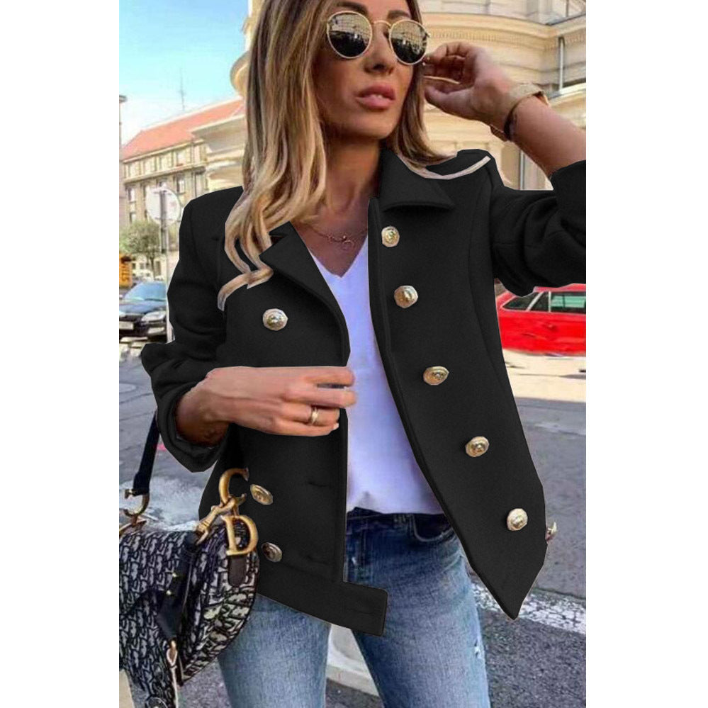 Fall Winter Slim Long Sleeve Double Breasted Collar Woolen Jacket