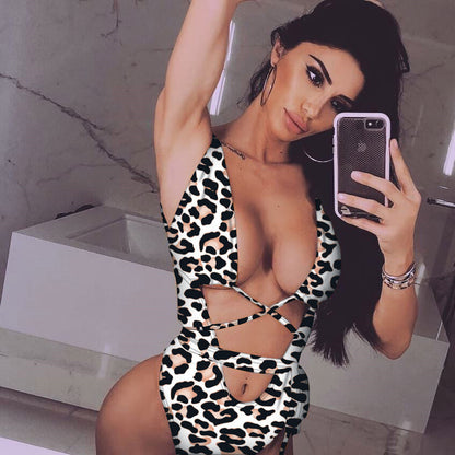 Bikini Leopard Print Hollow Out Cutout Out Strap One-piece Swimsuit