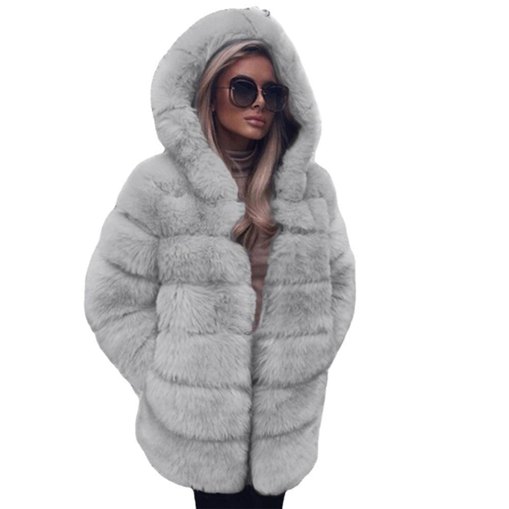 Autumn Winter Women Mid Length Hat Faux Fur Coat Top Women Plush Warm Coat