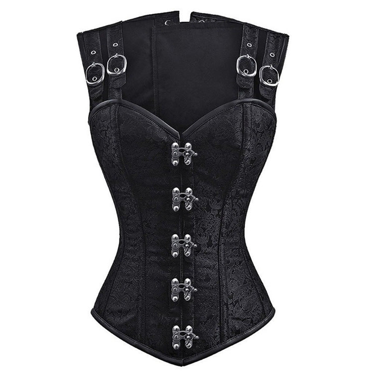 Court Black Tie Sleeveless 12 Steel Rib Double Buckle Chain Button Belly Contracting Small Waist Corset