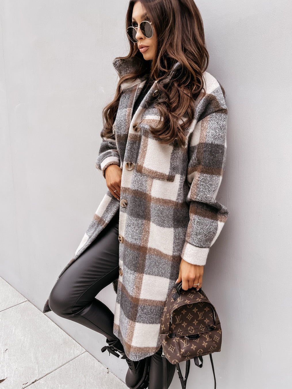 Women New Fall Winter Long Sleeve Long Plaid Printed Shirt Woolen Jacket