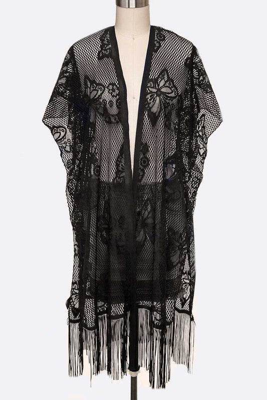 Open Knit Fringe Lace Kimono Cardigan
