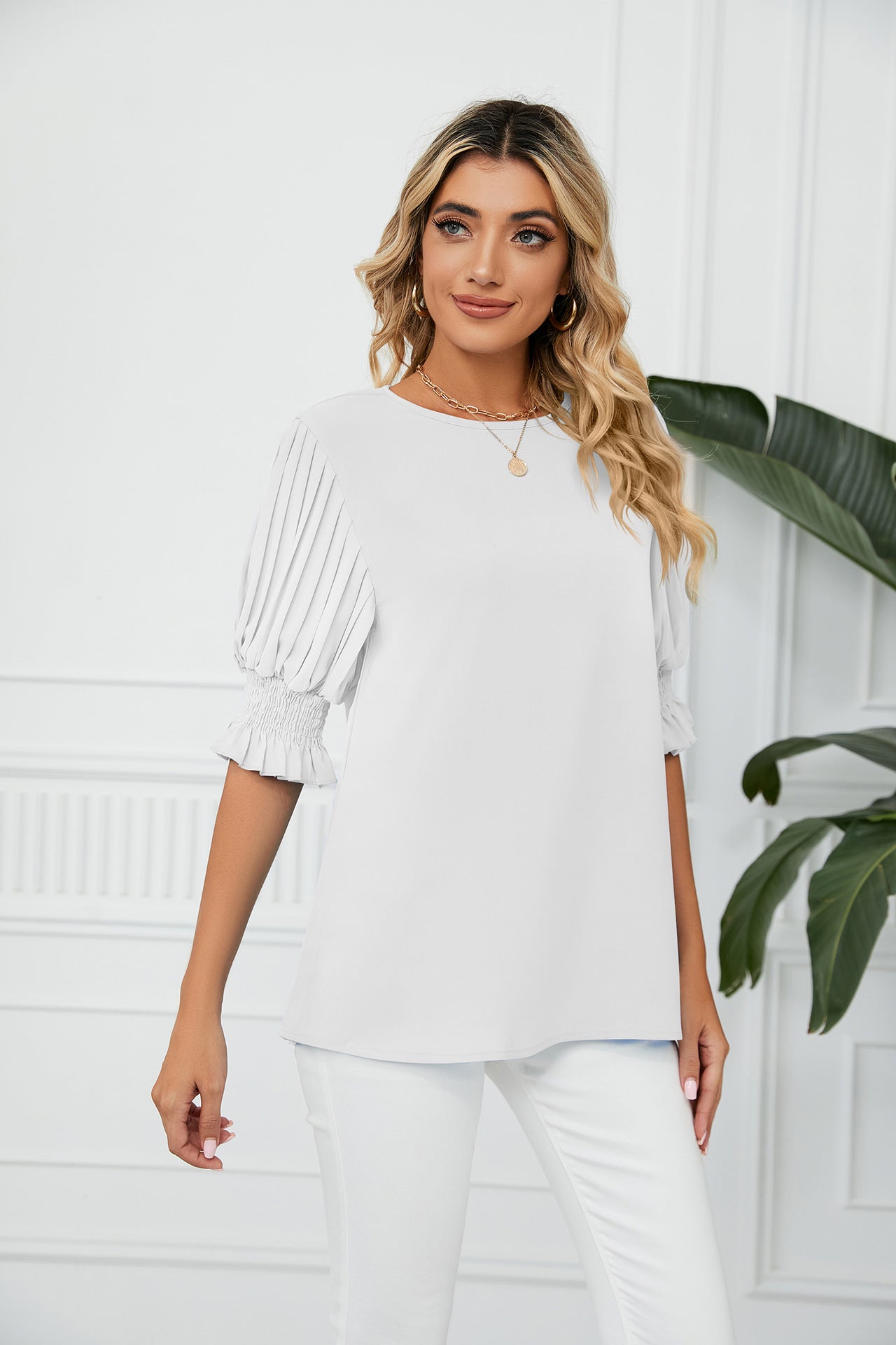 Solid Color round Neck Ruffled Princess Sleeves Loose Chiffon Blouses Women