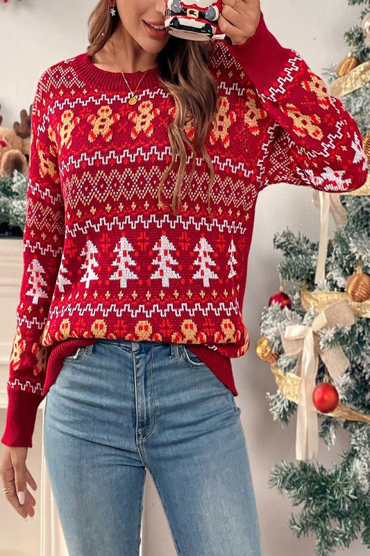 Knit Christmas Print Round Neck Loose Fit Sweater