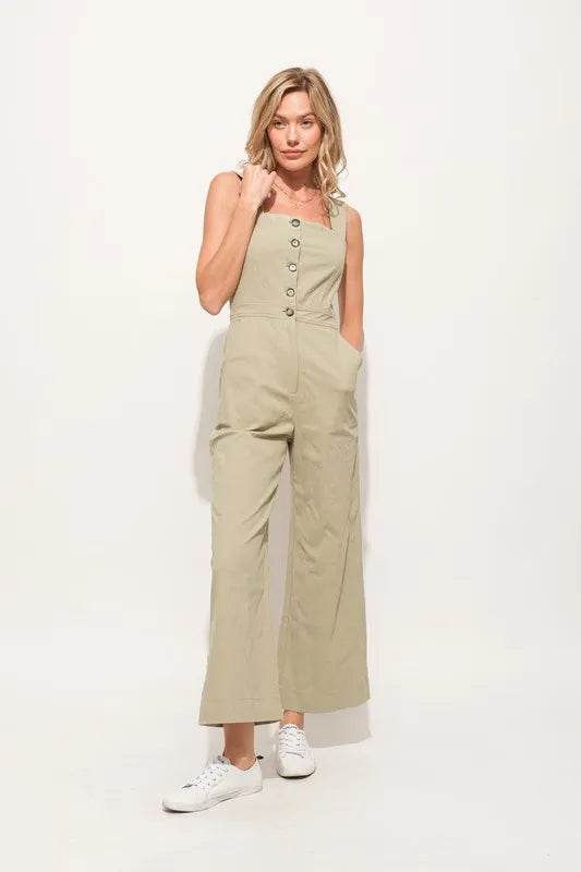 And The Why Square Neck Button Down Cropped Wide Leg Jumpsuit