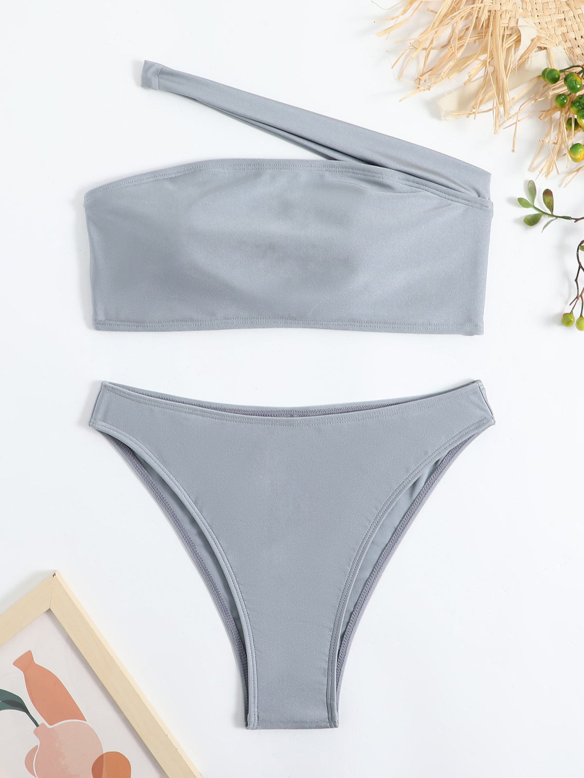 Swimsuit Women Bikini Solid Color Swimsuit Women Single Shoulder Sloping Shoulder Tube Top Bikini