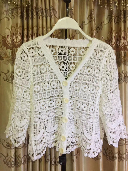 Women Summer Vacation Short Sleeve Solid Crochet Top Crochet hook
