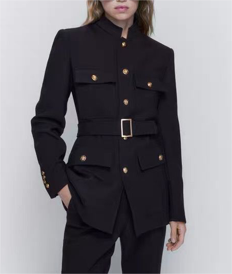 Fall Women Clothing with Belt Button Decoration Slim Fit Figure Flattering Blazer