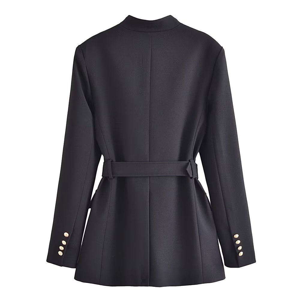 Fall Women Clothing with Belt Button Decoration Slim Fit Figure Flattering Blazer