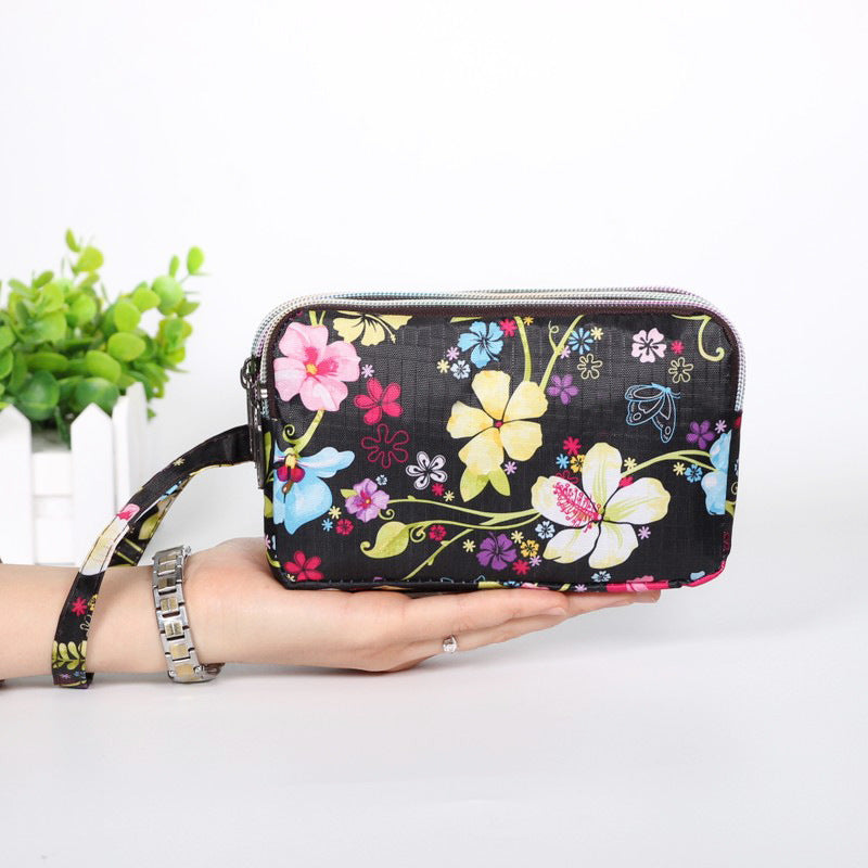 Floral Printed Fabric Wristlet Wallet for Women - Double Zipper Clutch with Wrist Strap