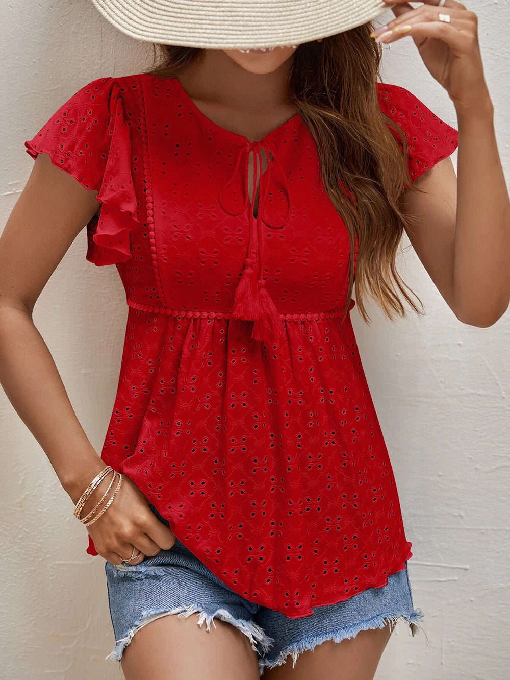 Women Clothing Spring Summer Women Solid Color Jacquard Ruffle Sleeve Elegant T Shirt Top