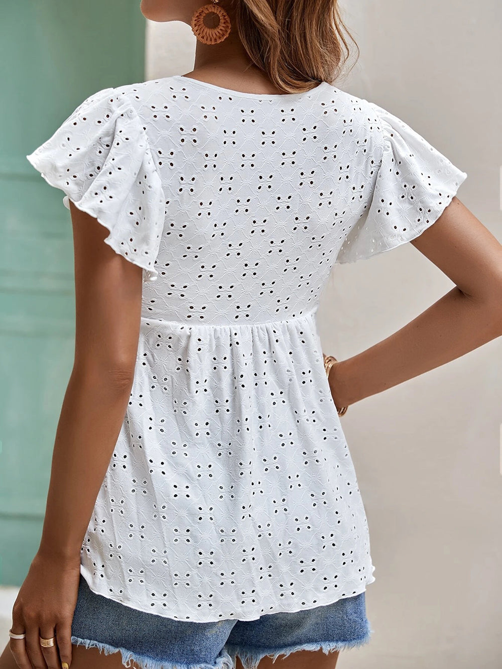 Women Clothing Spring Summer Women Solid Color Jacquard Ruffle Sleeve Elegant T Shirt Top
