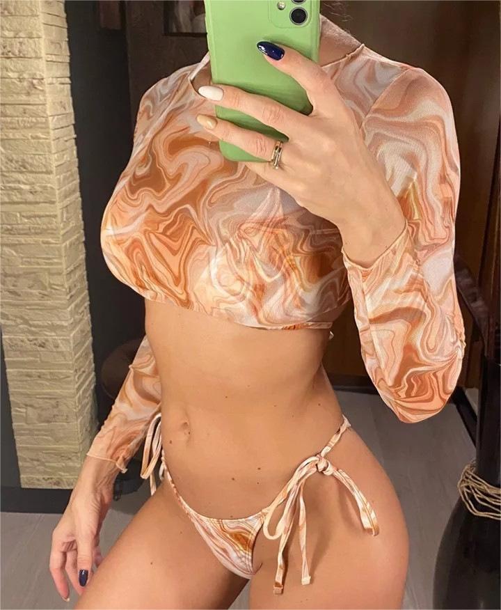 Swimsuit Long Sleeve Mesh Cover Ladies Three Piece Set Swimsuit Leopard Print Sexy Rope Bikini