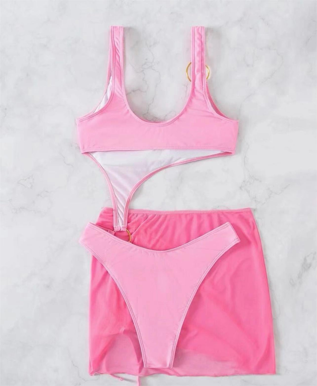 Solid Color One Piece Two Piece Suit Bikini Sexy Cutout Mesh Drawstring Swimsuit