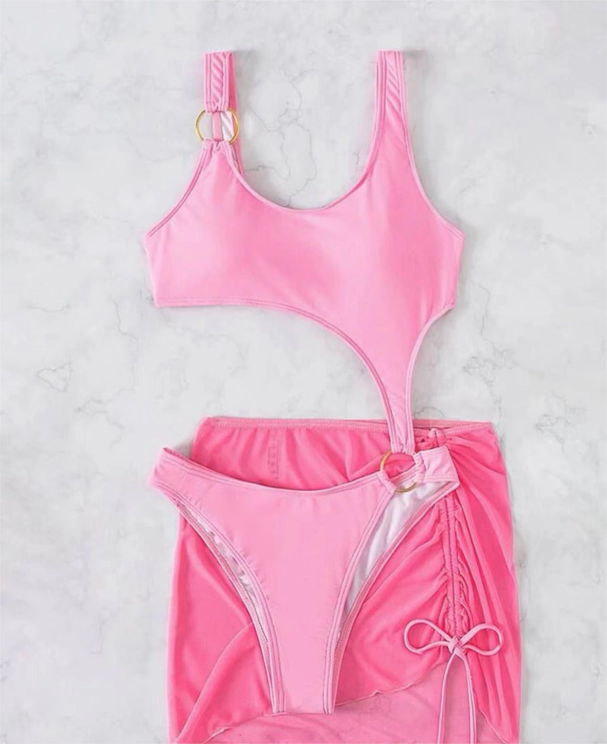 Solid Color One Piece Two Piece Suit Bikini Sexy Cutout Mesh Drawstring Swimsuit