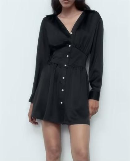 Autumn Women Black Satin Collared Long Sleeve Jewelry Fastener Decoration Shirt Dress