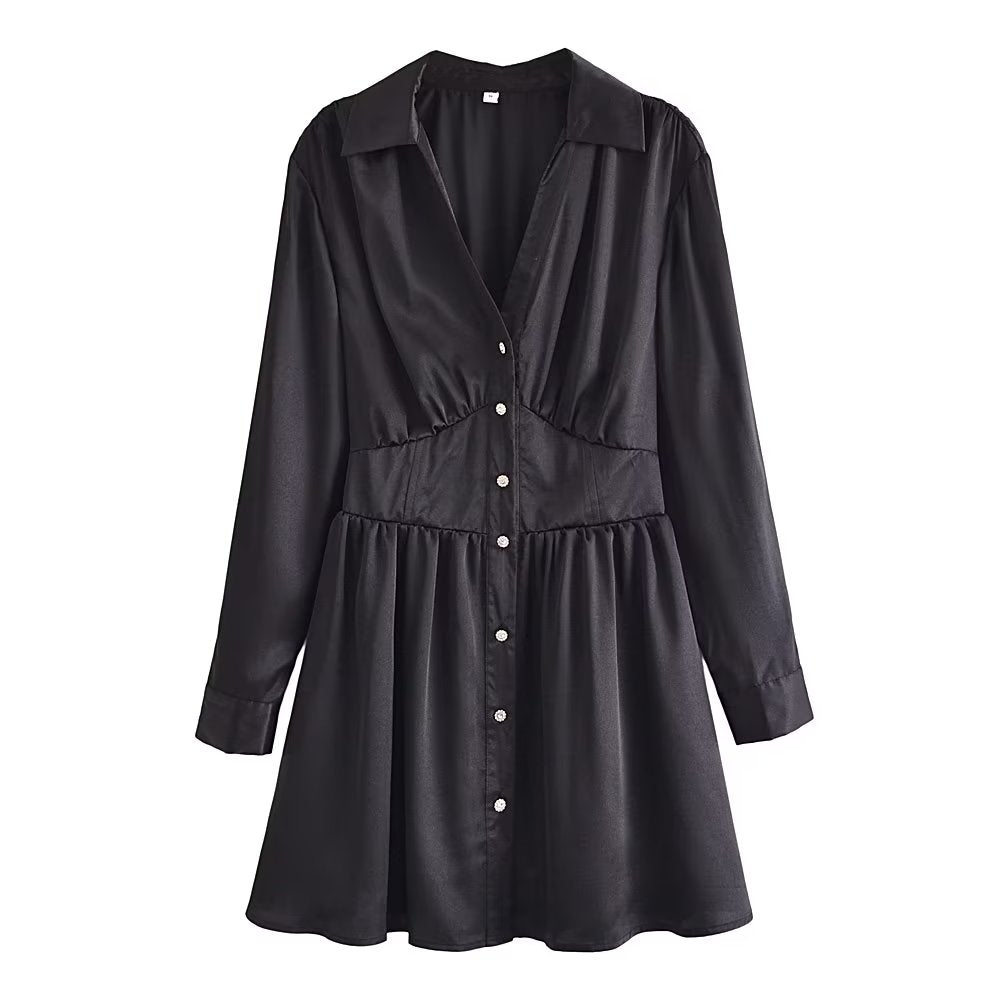 Autumn Women Black Satin Collared Long Sleeve Jewelry Fastener Decoration Shirt Dress