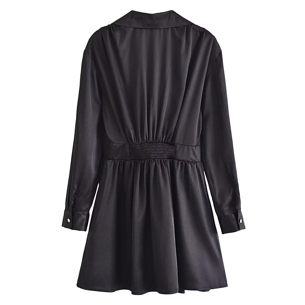 Autumn Women Black Satin Collared Long Sleeve Jewelry Fastener Decoration Shirt Dress