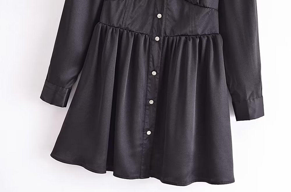 Autumn Women Black Satin Collared Long Sleeve Jewelry Fastener Decoration Shirt Dress