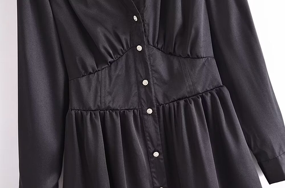 Autumn Women Black Satin Collared Long Sleeve Jewelry Fastener Decoration Shirt Dress