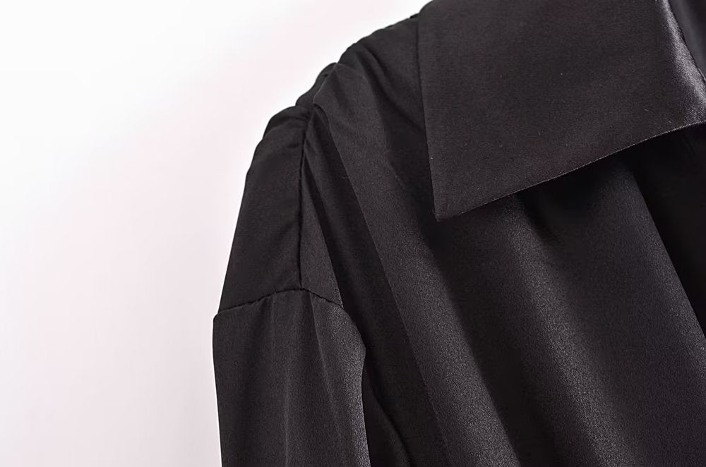 Autumn Women Black Satin Collared Long Sleeve Jewelry Fastener Decoration Shirt Dress