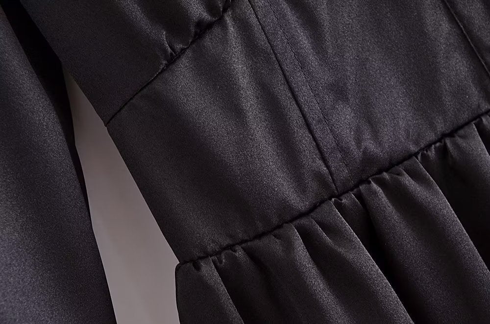 Autumn Women Black Satin Collared Long Sleeve Jewelry Fastener Decoration Shirt Dress