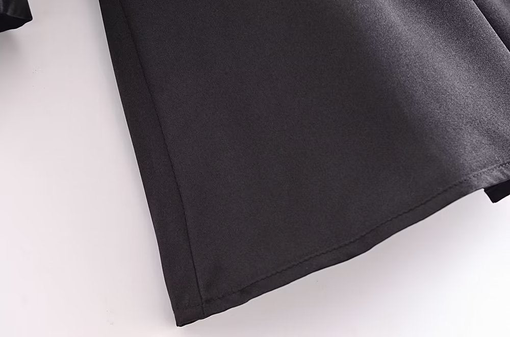 Autumn Women Black Satin Collared Long Sleeve Jewelry Fastener Decoration Shirt Dress