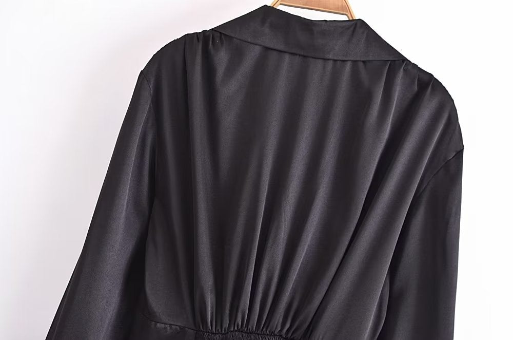 Autumn Women Black Satin Collared Long Sleeve Jewelry Fastener Decoration Shirt Dress