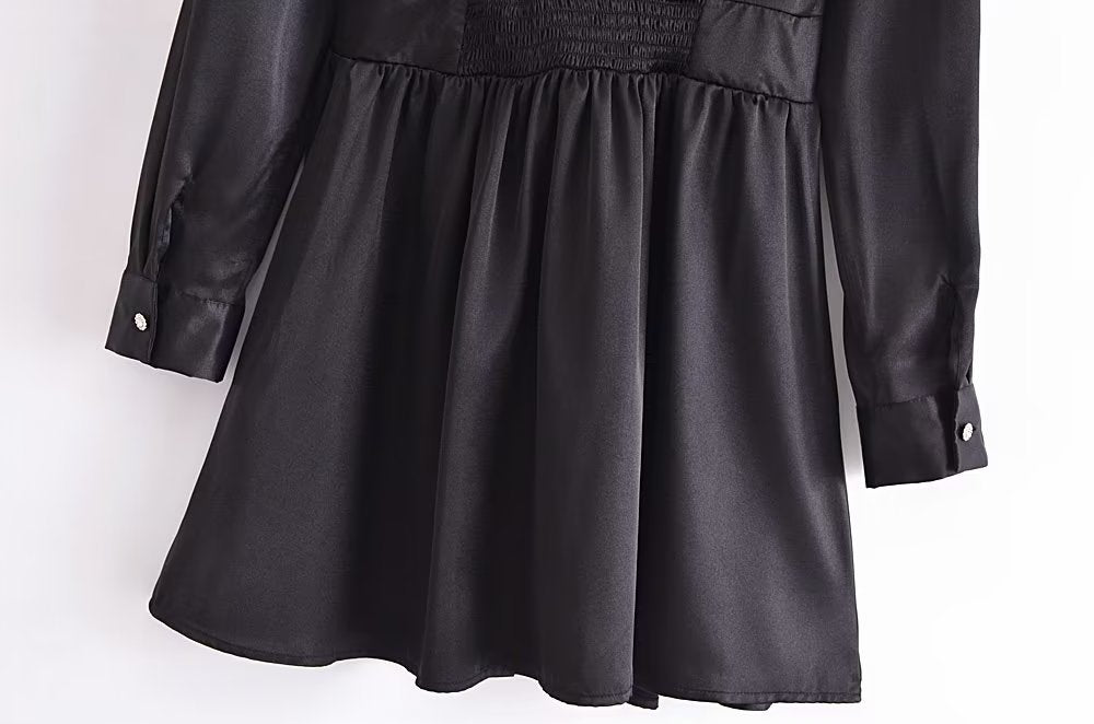 Autumn Women Black Satin Collared Long Sleeve Jewelry Fastener Decoration Shirt Dress
